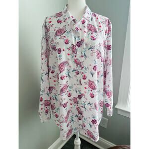 Lands’ End Plus Paisley Floral Button Up Shirt Pink White No Iron Supima 24 W